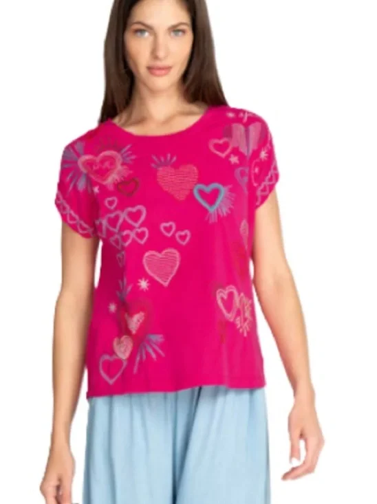 Johnny Was Amour Short Sleeve Embroidered Tee Short Sleeve Shirt - Picture 1 of 7